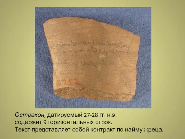 Остракон, датируемый 27-28 гг. н.э. содержит 9 горизонтальных строк. Текст представляет собой контракт по найму жреца.