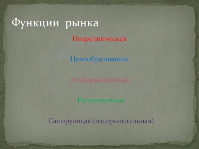 Посредническая Ценообразования Информационная Регулирующая Санирующая (оздоровительная) Функции рынка