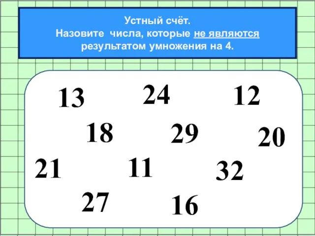 Устный счёт. Назовите числа, которые не являются результатом умножения на 4. 13