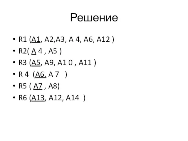 Решение R1 (A1, A2,A3, A 4, A6, A12 ) R2( A 4