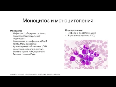 Моноцитоз и моноцитопения Моноцитоз Инфекция (туберкулез, сифилис, подострый бактериальный эндокардит) Клональная пролиферация