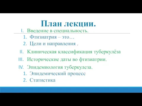 План лекции. Введение в специальность. Фтизиатрия – это… Цели и направления .