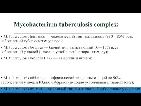 Mycobacterium tuberculosis complex: • М. tuberculosis humanus — человеческий тип, вызывающий 80—85%