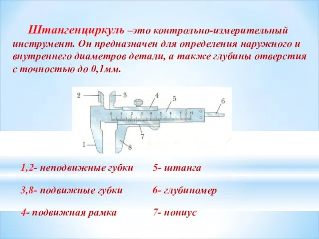 1,2- неподвижные губки Штангенциркуль –это контрольно-измерительный инструмент. Он предназначен для определения наружного