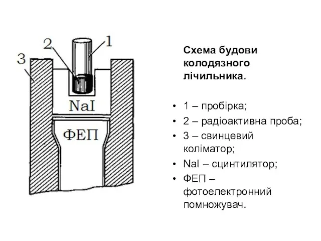Схема будови колодязного лічильника. 1 – пробірка; 2 – радіоактивна проба; 3