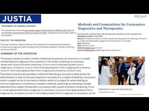 Methods and Compositions for Coronavirus Diagnostics and Therapeutics https://patents.justia.com/patent/20160238601