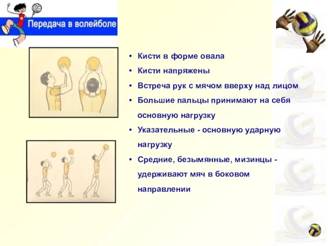 Кисти в форме овала Кисти напряжены Встреча рук с мячом вверху над