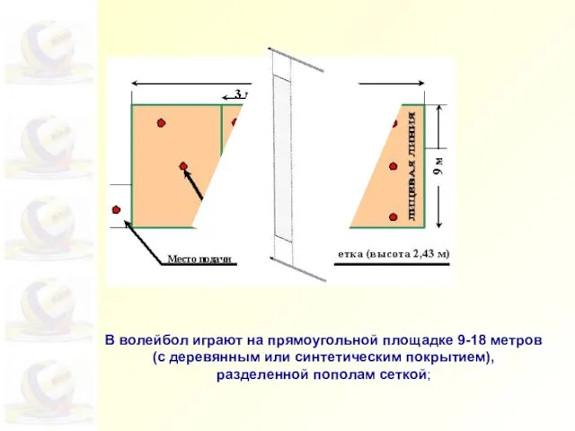 В волейбол играют на прямоугольной площадке 9-18 метров (с деревянным или синтетическим покрытием), разделенной пополам сеткой;