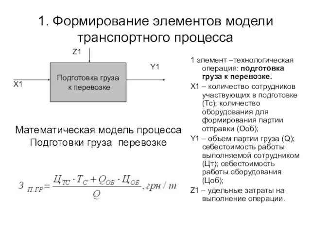 1. Формирование элементов модели транспортного процесса 1 элемент –технологическая операция: подготовка груза