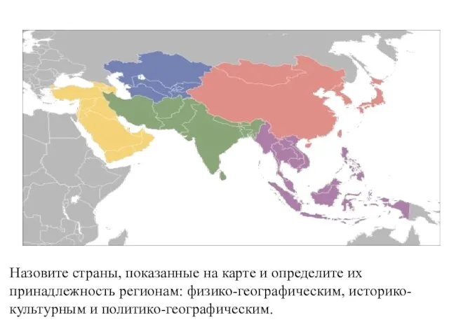 Назовите страны, показанные на карте и определите их принадлежность регионам: физико-географическим, историко-культурным и политико-географическим.