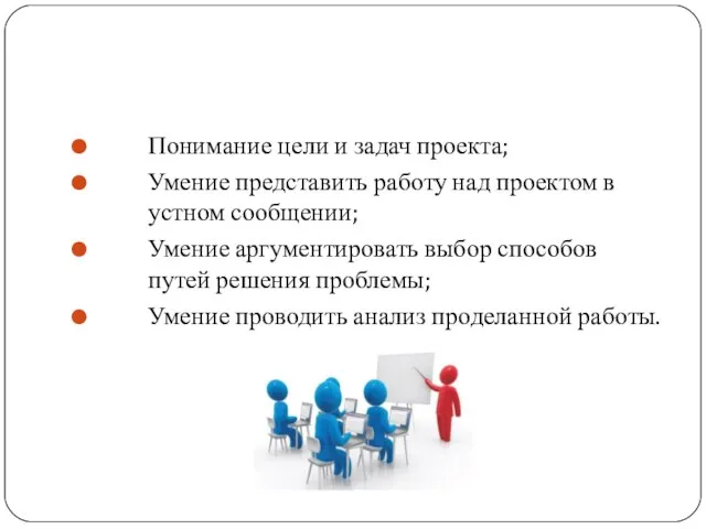 В процессе презентации учащиеся должны продемонстрировать: Понимание цели и задач проекта; Умение