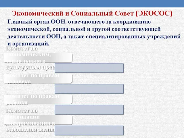 Экономический и Социальный Совет (ЭКОСОС) Главный орган ООН, отвечающего за координацию экономической,