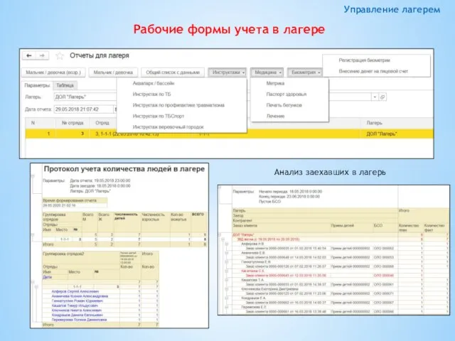 Управление лагерем Рабочие формы учета в лагере Анализ заехавших в лагерь