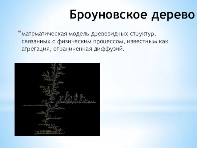 Броуновское дерево математическая модель древовидных структур, связанных с физическим процессом, известным как агрегация, ограниченная диффузий.