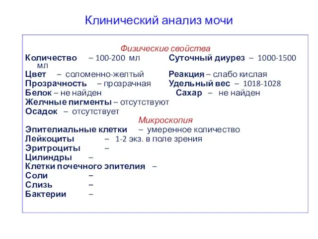 Клинический анализ мочи Физические свойства Количество – 100-200 мл Суточный диурез –