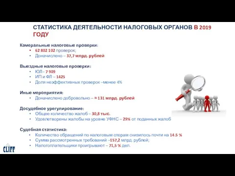 СТАТИСТИКА ДЕЯТЕЛЬНОСТИ НАЛОГОВЫХ ОРГАНОВ В 2019 ГОДУ Камеральные налоговые проверки: 62 802