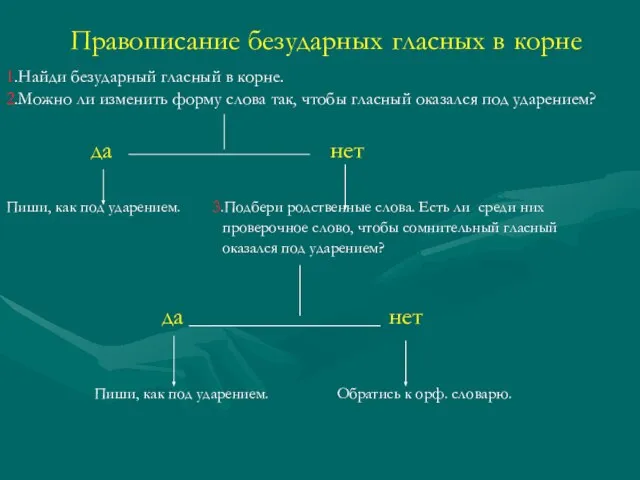 Правописание безударных гласных в корне 1.Найди безударный гласный в корне. 2.Можно ли