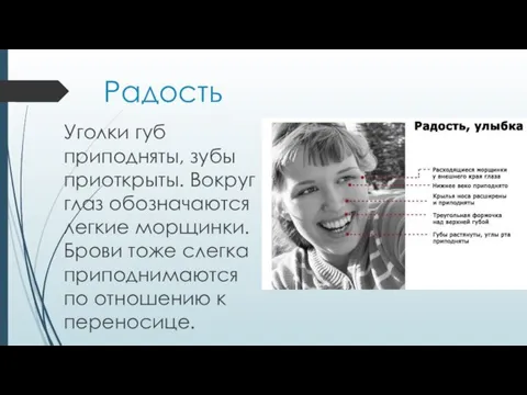 Радость Уголки губ приподняты, зубы приоткрыты. Вокруг глаз обозначаются легкие морщинки. Брови