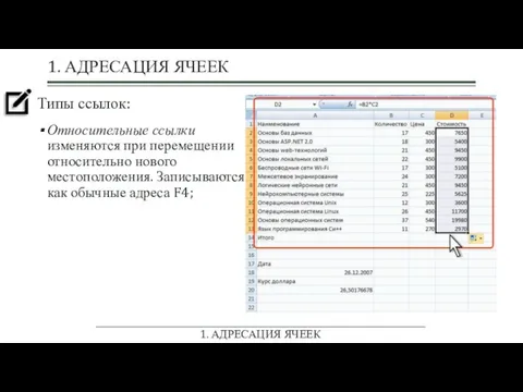 1. АДРЕСАЦИЯ ЯЧЕЕК Типы ссылок: Относительные ссылки изменяются при перемещении относительно нового