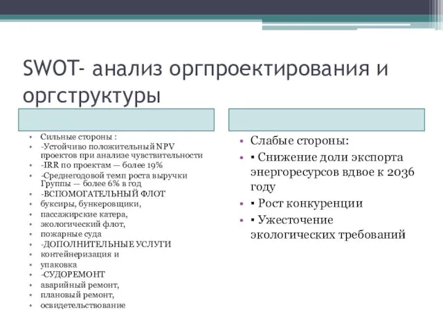 SWOT- анализ оргпроектирования и оргструктуры Сильные стороны : -Устойчиво положительный NPV проектов