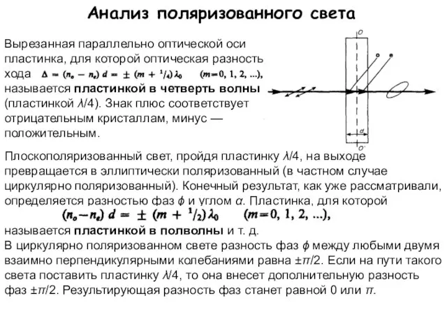 Анализ поляризованного света Вырезанная параллельно оптической оси пластинка, для которой оптическая разность