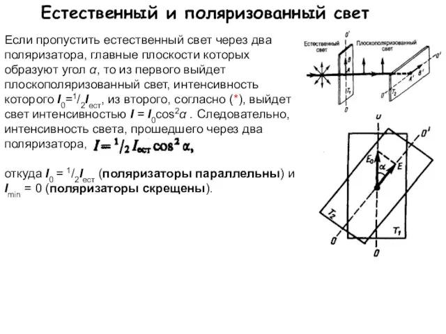 Естественный и поляризованный свет Если пропустить естественный свет через два поляризатора, главные