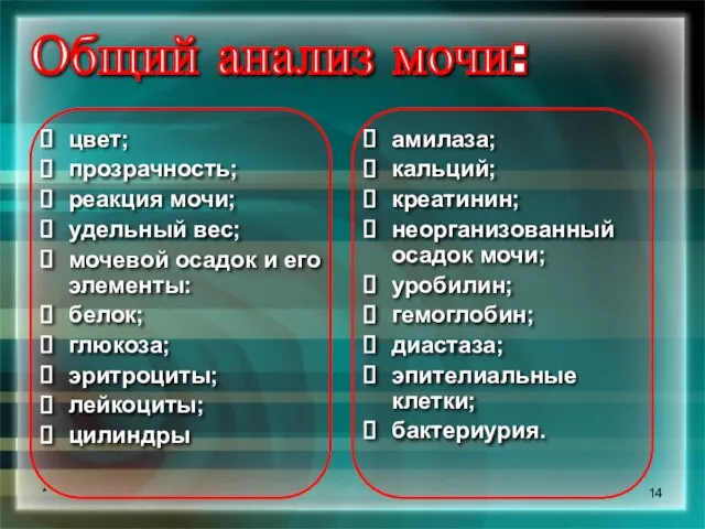 * Общий анализ мочи: цвет; прозрачность; реакция мочи; удельный вес; мочевой осадок