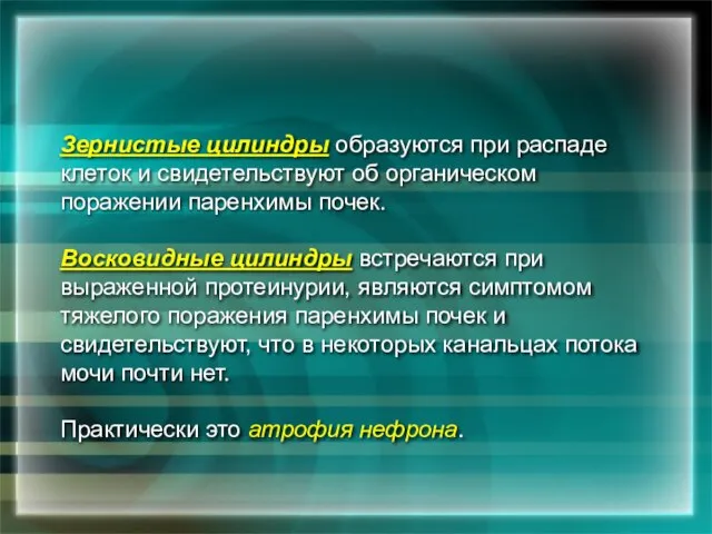 Зернистые цилиндры образуются при распаде клеток и свидетельствуют об органическом поражении паренхимы