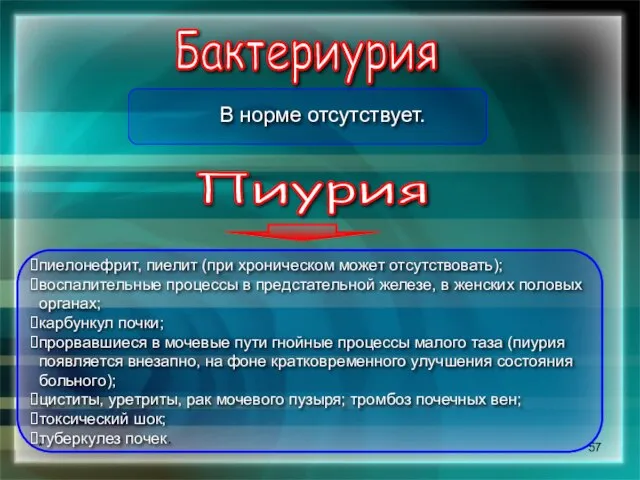 * Бактериурия В норме отсутствует. Пиурия пиелонефрит, пиелит (при хроническом может отсутствовать);