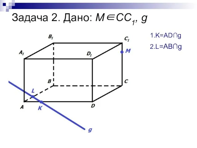 Задача 2. Дано: М∈СС1, g 1.K=AD∩g 2.L=AB∩g