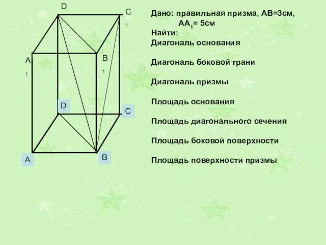 Дано: правильная призма, АВ=3см, АА1= 5см Найти: Диагональ основания Диагональ боковой грани