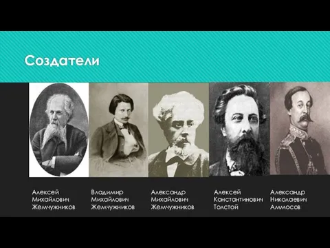 Создатели Алексей Михайлович Жемчужников Владимир Михайлович Жемчужников Александр Михайлович Жемчужников Алексей Константинович Толстой Александр Николаевич Аммосов