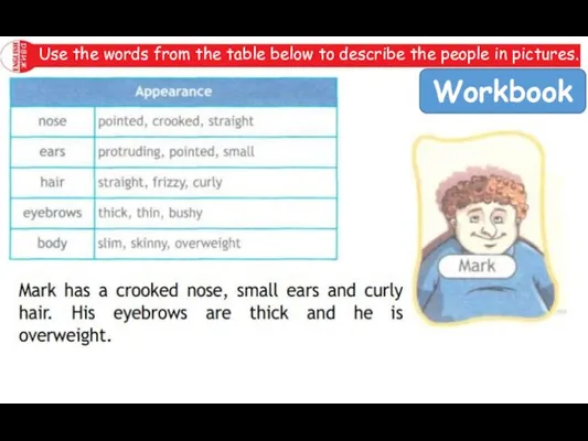 Use the words from the table below to describe the people in pictures. Workbook