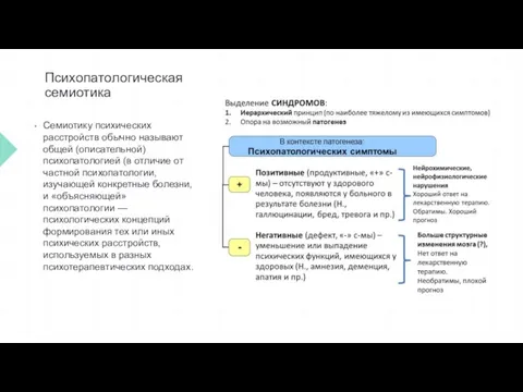 Психопатологическая семиотика Семиотику психических расстройств обычно называют общей (описательной) психопатологией (в отличие