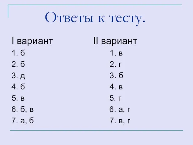 Ответы к тесту. I вариант II вариант 1. б 1. в 2.