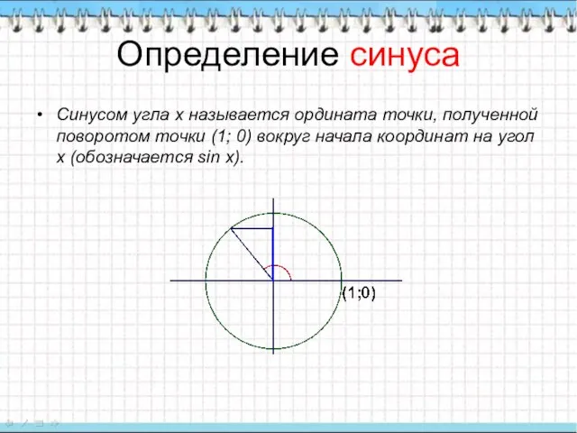 Определение синуса Синусом угла х называется ордината точки, полученной поворотом точки (1;
