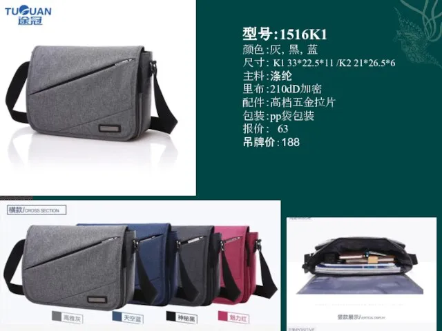 型号：1516K1 颜色：灰，黑，蓝 尺寸： K1 33*22.5*11 /K2 21*26.5*6 主料：涤纶 里布：210dD加密 配件：高档五金拉片 包装：pp袋包装 报价： 63 吊牌价：188