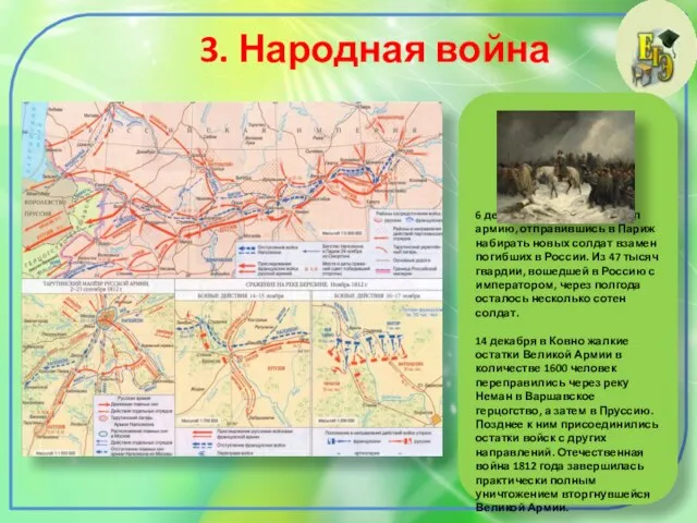 3. Народная война 6 декабря Наполеон покинул армию, отправившись в Париж набирать