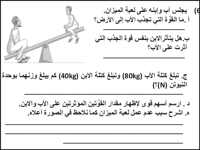 يجلس أب وإبنه على لعبة الميزان. أ .ما القوَّة التي تجذب الأب