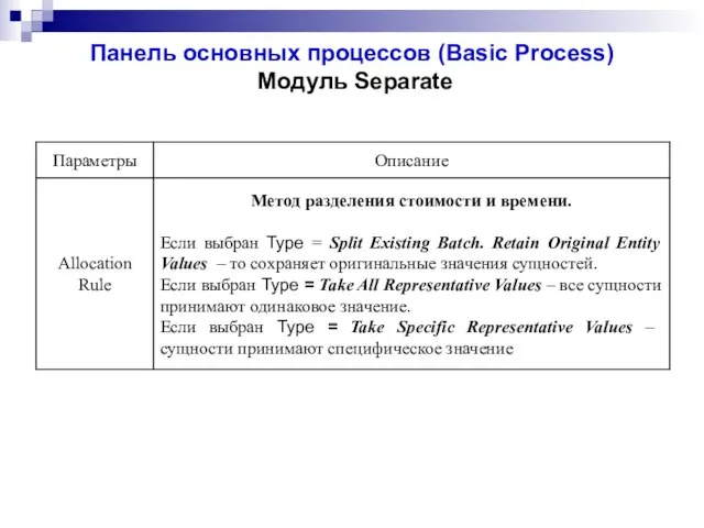 Панель основных процессов (Basic Process) Модуль Separate