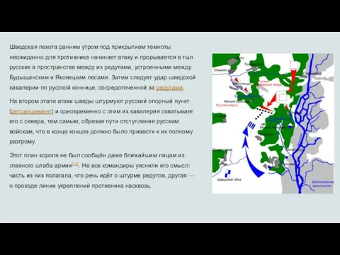 Шведская пехота ранним утром под прикрытием темноты неожиданно для противника начинает атаку