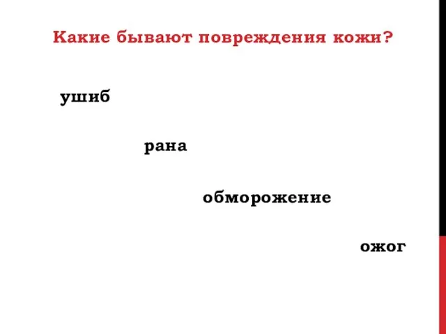 Какие бывают повреждения кожи? ожог ушиб рана обморожение