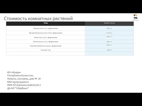 Стоимость комнатных растений ИП «Флора» Республика Казахстан, Алматы, Сатпаева, дом № 7А