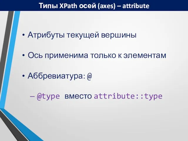 Типы XPath осей (axes) – attribute Атрибуты текущей вершины Ось применима только