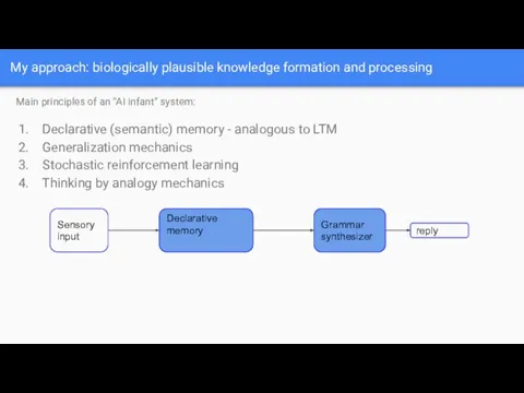 My approach: biologically plausible knowledge formation and processing Main principles of an