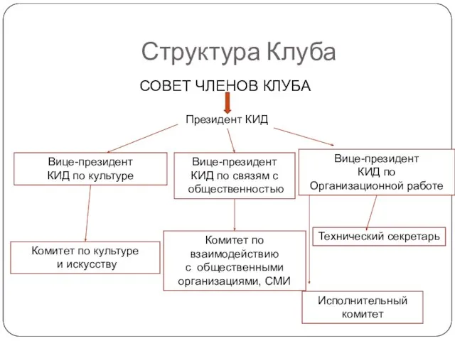 Структура Клуба СОВЕТ ЧЛЕНОВ КЛУБА Президент КИД Вице-президент КИД по культуре Вице-президент