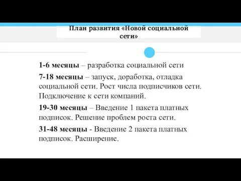 1-6 месяцы – разработка социальной сети 7-18 месяцы – запуск, доработка, отладка