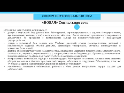 СОЗДАЕМ НОВУЮ СОЦИАЛЬНУЮ СЕТЬ! Студент при регистрации в сети получает: доступ к