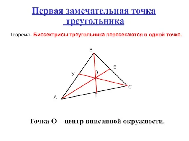 Первая замечательная точка треугольника Теорема. Биссектрисы треугольника пересекаются в одной точке. Точка