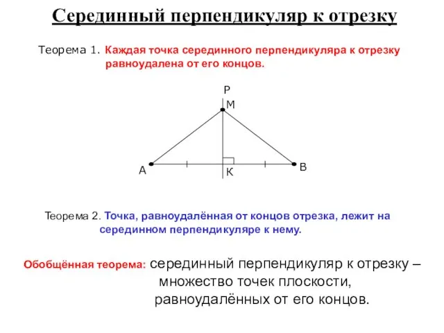 Серединный перпендикуляр к отрезку Теорема 1. Каждая точка серединного перпендикуляра к отрезку